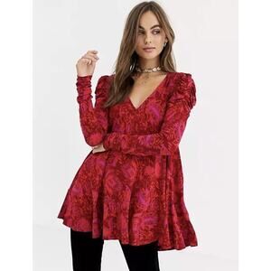 Free People Mini Dress Small Red Orange Floral Romantic Puff Sleeve V Neck